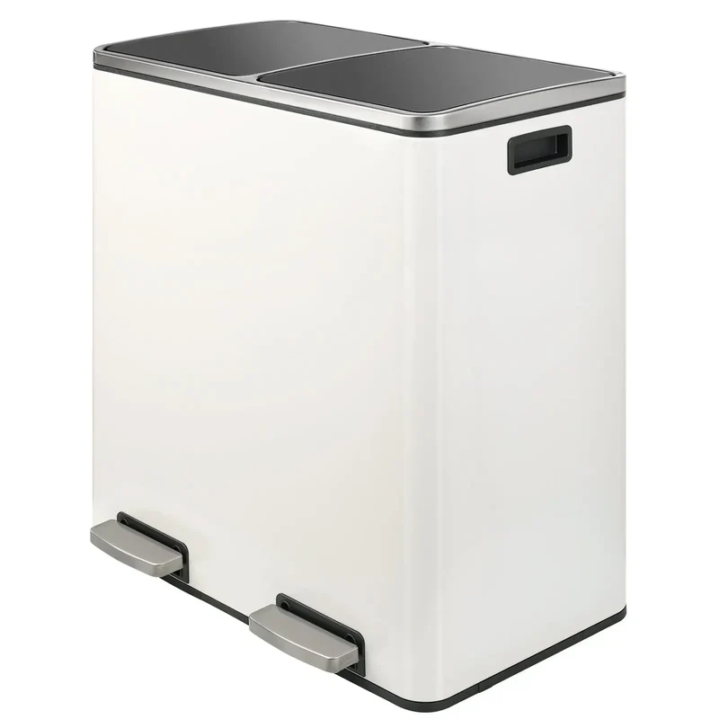 Prullenbak - Prullenbak 60L - Prullenbakken - Prullenmand - RVS - Prullenbak met Voetpedaal - Handsfree, Dubbel Compartiment & Soft-Close Deksel - Wit