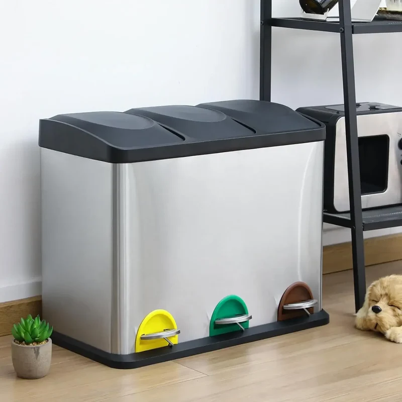Prullenbak - Afvalbak - Trash Bin - Waste Bin - Prullenbakken 3-Vaks 24L – RVS Afvalscheiding voor Keuken – 3x8L – Soft-Close Deksel & Uitneembare Binnenemmers