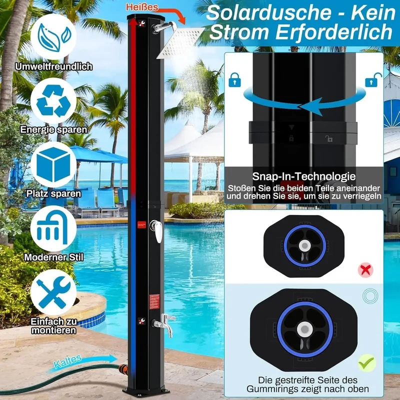 Buitendouche - Solar Buitendouche - 60L - Tuindouche - Buitendouche Zonneenergie - Vrijstaande 360° Douchekop met Voetkraan, Temperatuurregeling tot 60°C - Zwart
