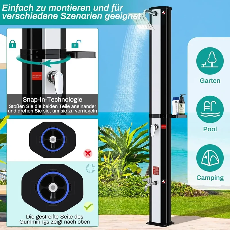 Buitendouche - Solar Buitendouche - 60L - Tuindouche - Buitendouche Zonneenergie - Vrijstaande 360° Douchekop met Voetkraan, Temperatuurregeling tot 60°C - Zwart en zilver