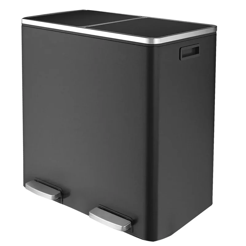 Prullenbak - Prullenbak 60L - Prullenbakken - Prullenmand - RVS - Prullenbak met Voetpedaal - Handsfree, Dubbel Compartiment & Soft-Close Deksel - Zwart