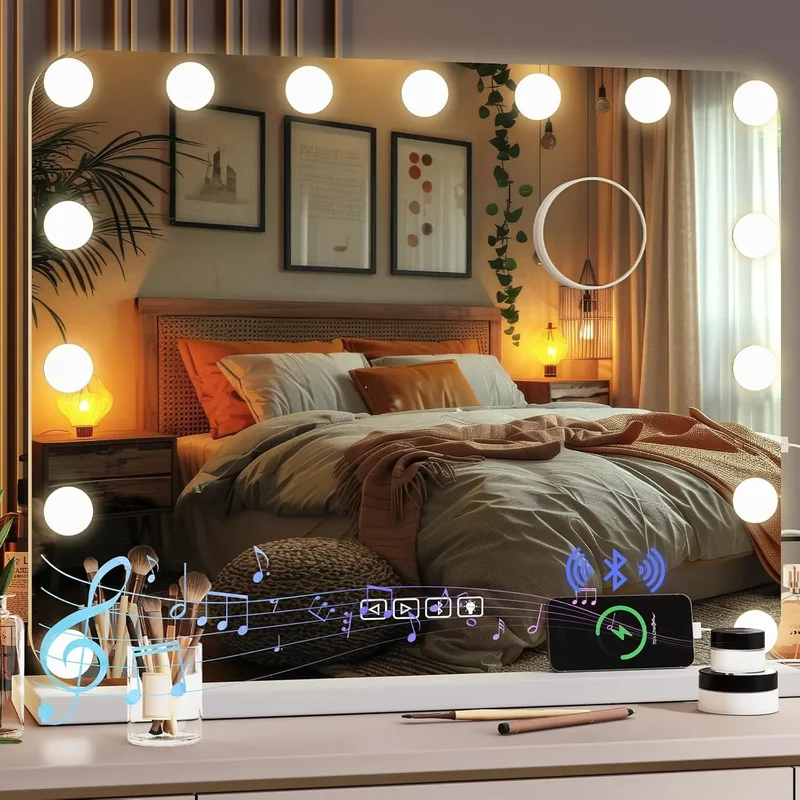 Hollywood Vanity Mirror with Lights 15 Dimmable LED Bulbs 3 Color Lighting Adjustable Brightness USB Charging Port (58*46cm)