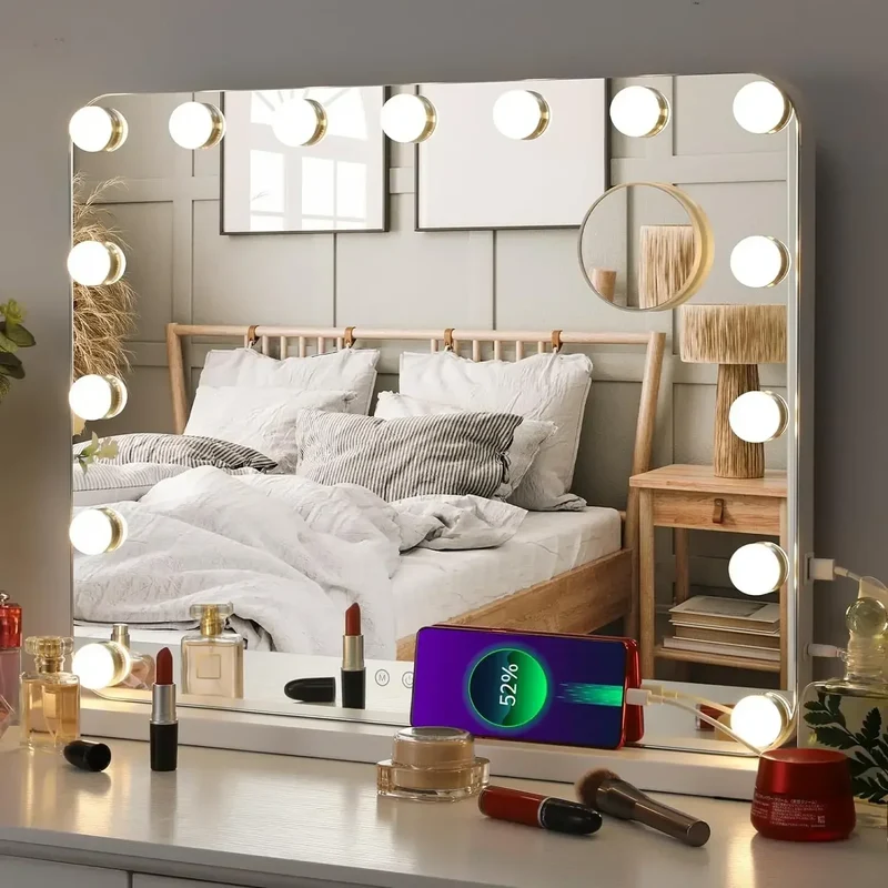 Hollywood Vanity Mirror with Lights 15 Dimmable LED Bulbs 3 Color Lighting Adjustable Brightness USB Charging Port (58*46cm)