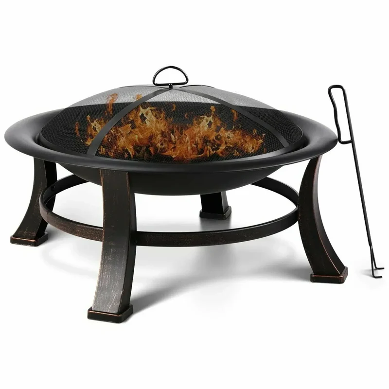 Outdoor Fire Pits Garden Wood Burning Fireplace, 30" Round Firepit Bowl with BBQ Grill, Cooking Grate, Spark Screen, Fire Poker