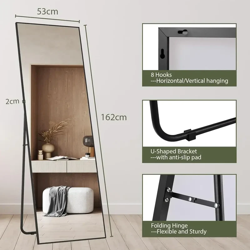 Passpiegel - Speigel - Passpiegel Staand - 162x53cm - Zwart Aluminium Frame – Rechte Hoek – Vrijstaand of Wandmontage