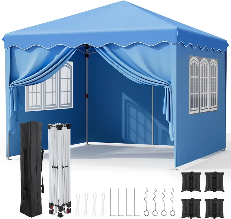Partytent - Tent - Partytent Opvouwbaar - Pop up Tent - Pop-Up Partytent met Zijwanden - 3x3m - Verstelbare Hoogte, Ramen & Wieltas - Blauw