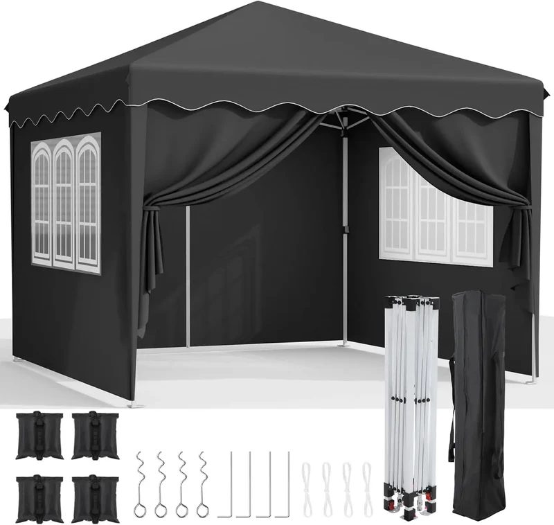Partytent - Tent - Partytent Opvouwbaar - Pop up Tent - Pop-Up Partytent met Zijwanden - 3x3m - Verstelbare Hoogte, Ramen & Wieltas - Zwart