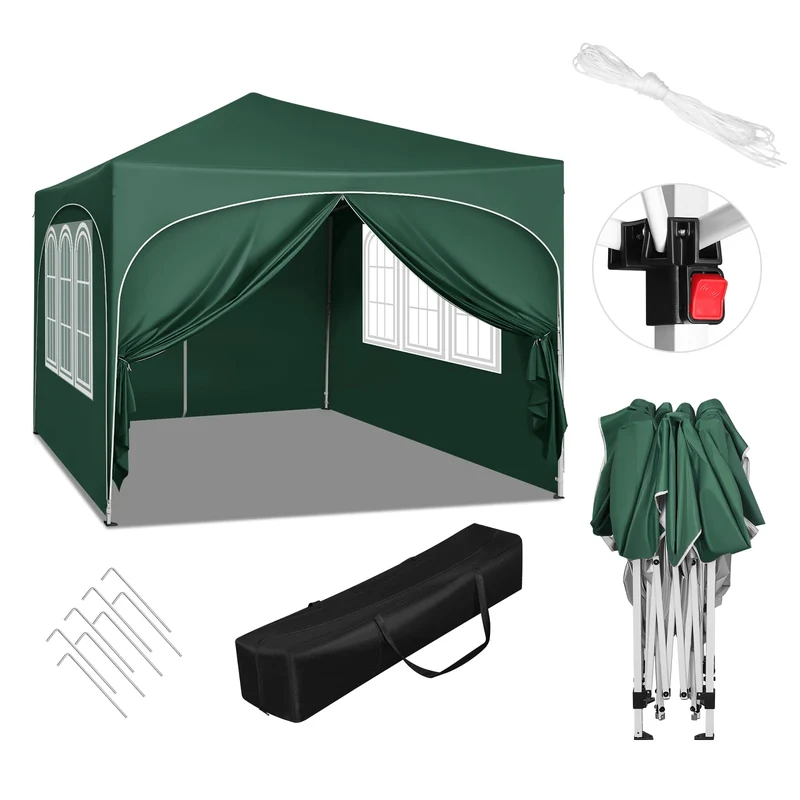 Partytent - Tent - Paviljoen - Partytenten - Easy up Partytent - 3x3m - met 4 Zijwanden - Opvouwbare - Verstelbare Hoogte - Vouwgazebo - Waterafstotend en UV-bescherming voor Tuin, Kamperen en Picknicken - Groen