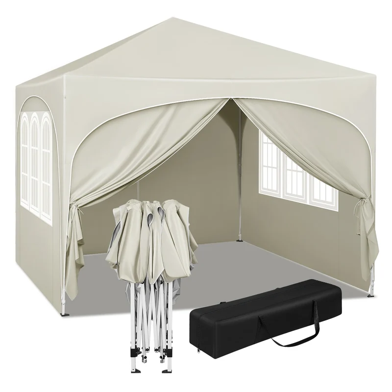Partytent - Tent - Easy Up Partytent - Tuinpaviljoen - Pop-Up Party Tent - 3x3m - met 4 Zijwanden - Partytenten - Waterafstotende en UV-beschermde - Inklapbare – Opvouwbare - Hoogte Verstelbaar - Beige