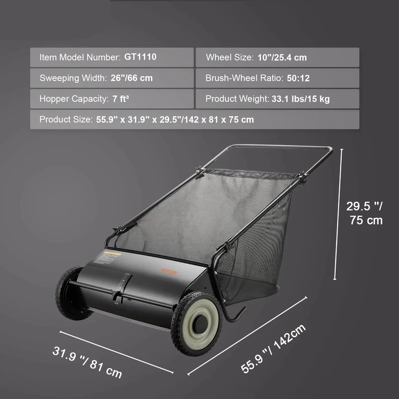 Tuinruimer – Bladverzamelaar – Handmatige - Gazonveger met Hopperzak - Heavy-duty – 26-inch - Grasverzamelaar - Zware Stalen Constructie - voor Tuinonderhoud