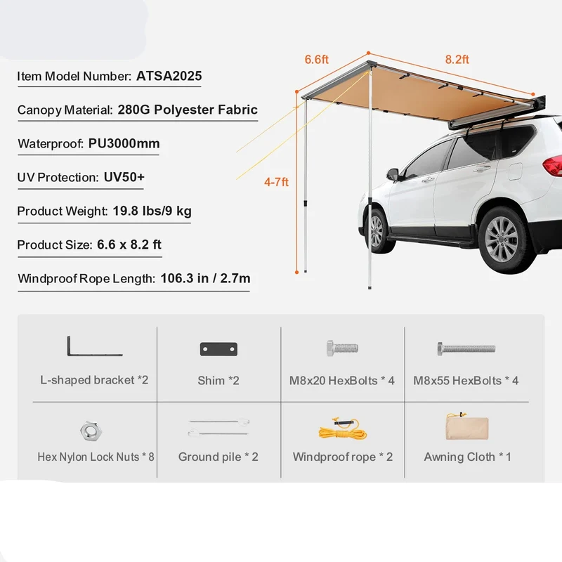 270° Luifel - Uitschuifbare - Autozij - Dak - voor SUV - Camper en Truck - 280G Polyester Stof - Waterdichte - met PU3000mm Coating - 6.6x8.2ft