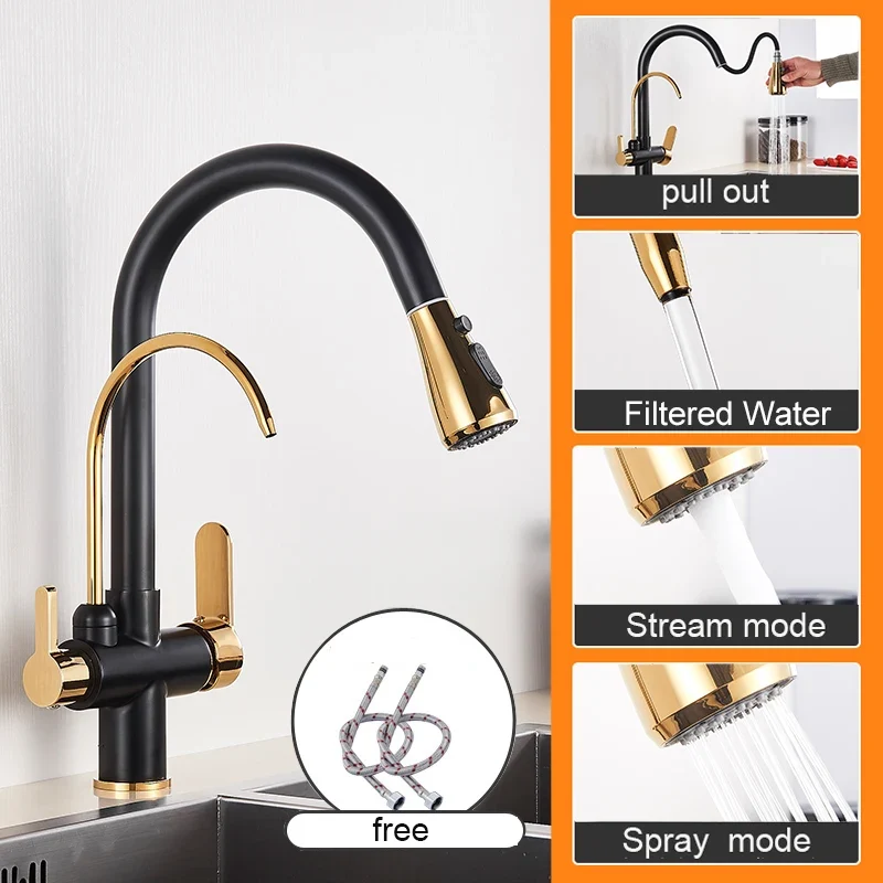Keukenkraan - met Uittrekbare Uitloop - Twee Handgrepen - voor Koud -Vuistdouche - Warm Water - Drinkwater - Zwart en Goud