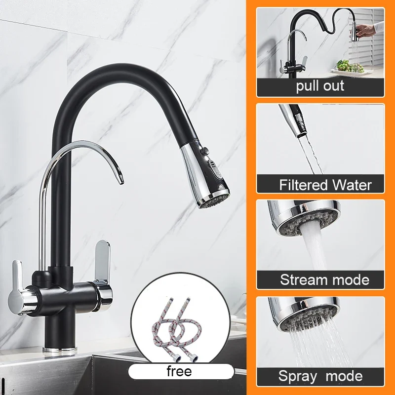 Keukenkraan - met Uittrekbare Uitloop - Twee Handgrepen - voor Koud -Vuistdouche - Warm Water - Drinkwater - Zwart en Chroom