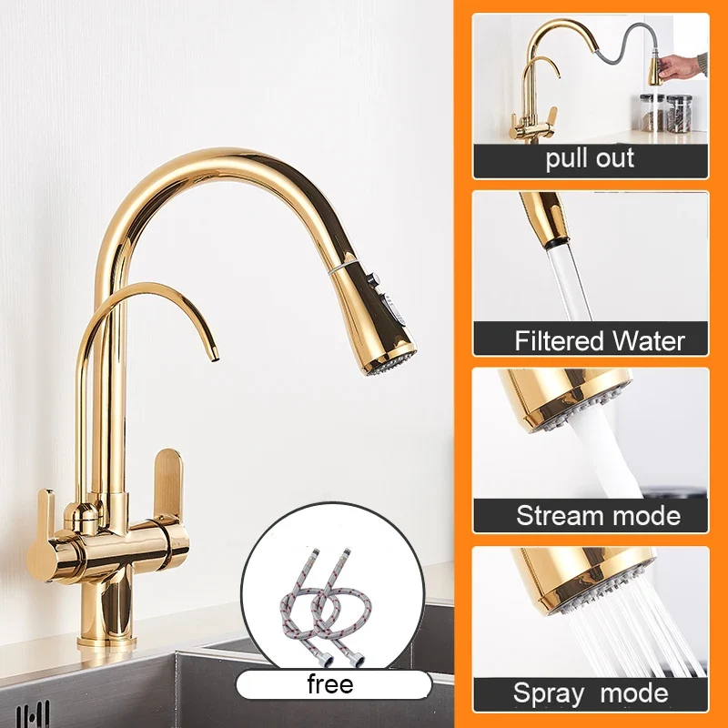 Keukenkraan - met Uittrekbare Uitloop - Twee Handgrepen - voor Koud -Vuistdouche - Warm Water - Drinkwater - Goud