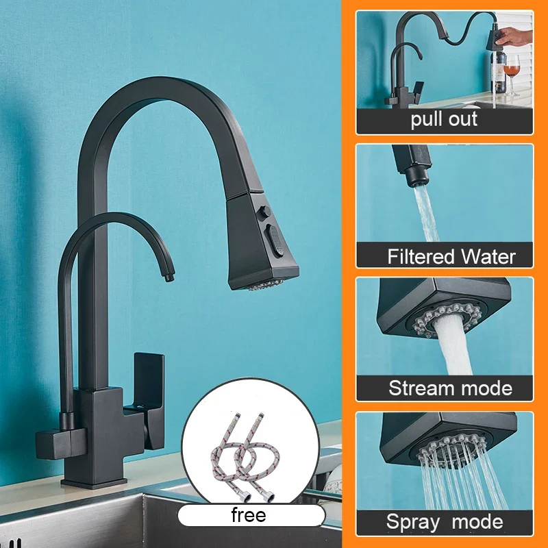 Keukenkraan - met Uittrekbare Uitloop - Twee Handgrepen - voor Koud -Vuistdouche - Warm Water - Drinkwater - Matte Black
