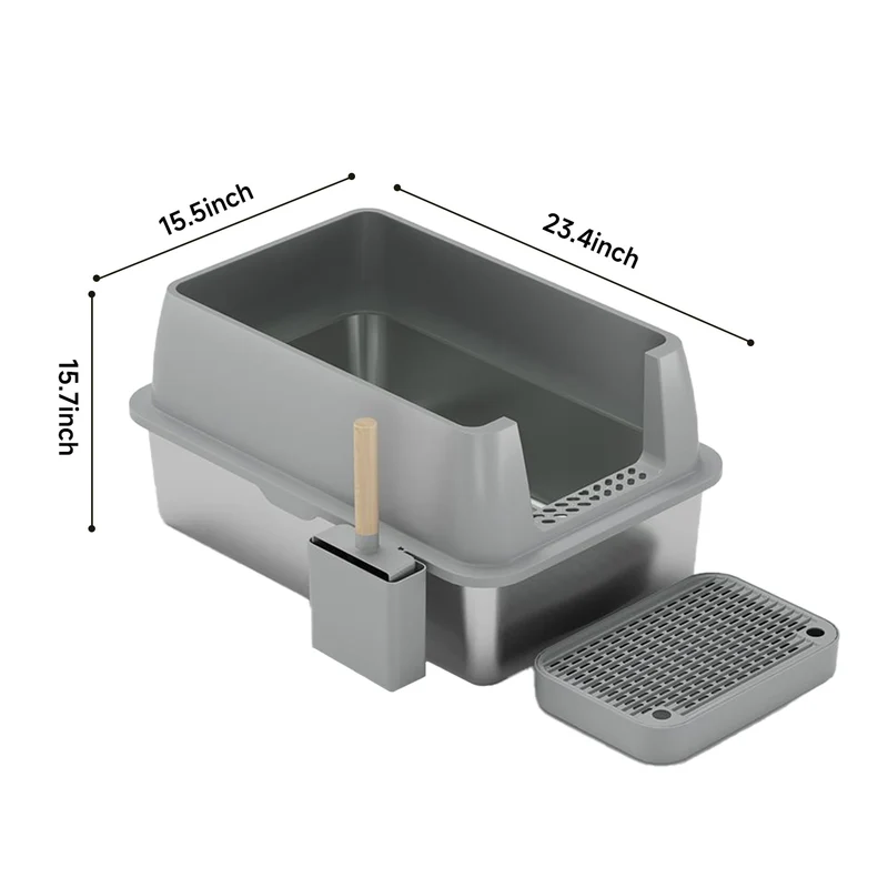 Kattenbak - Extra Grote - RVS - met Hoge Zijkanten - Open Type - Geurvrij en Duurzaam - Grote Katten - Meerdere Katten - Grijs