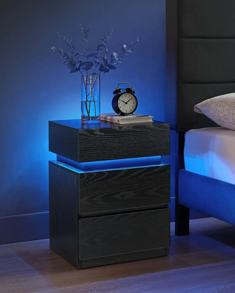Nachtkastje - Bijzettafel - Salontafel - met LED Verlichting - Kast met 3 Lades - Moderne - Verstelbare Kleuren & Modus – voor Slaapkamer - Woonkamer - Kantoor - Zwart