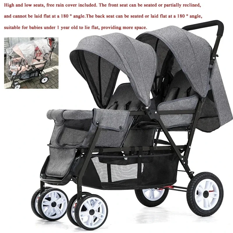 Duo Kinderwagen - Duo Buggy - Dubbele Buggy - Opvouwbare - Verstelbare Rugleuning - Regenhoes - 72 × 42 × 97 cm - Grijs