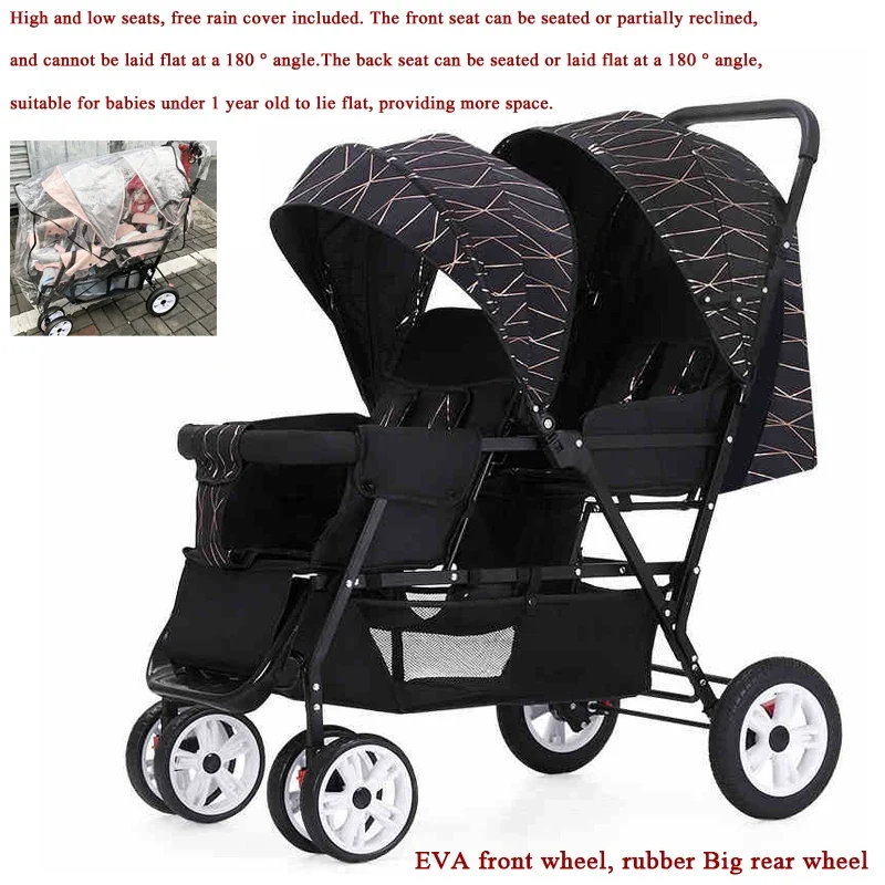 Duo Kinderwagen - Duo Buggy - Dubbele Buggy - Opvouwbare - Verstelbare Rugleuning - Regenhoes - 72 × 42 × 97 cm - Zwart