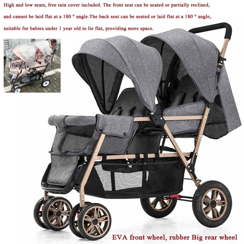 Duo Kinderwagen - Duo Buggy - Dubbele Buggy - Opvouwbare - Verstelbare Rugleuning - Regenhoes - 72 × 42 × 97 cm - Grijs Goud