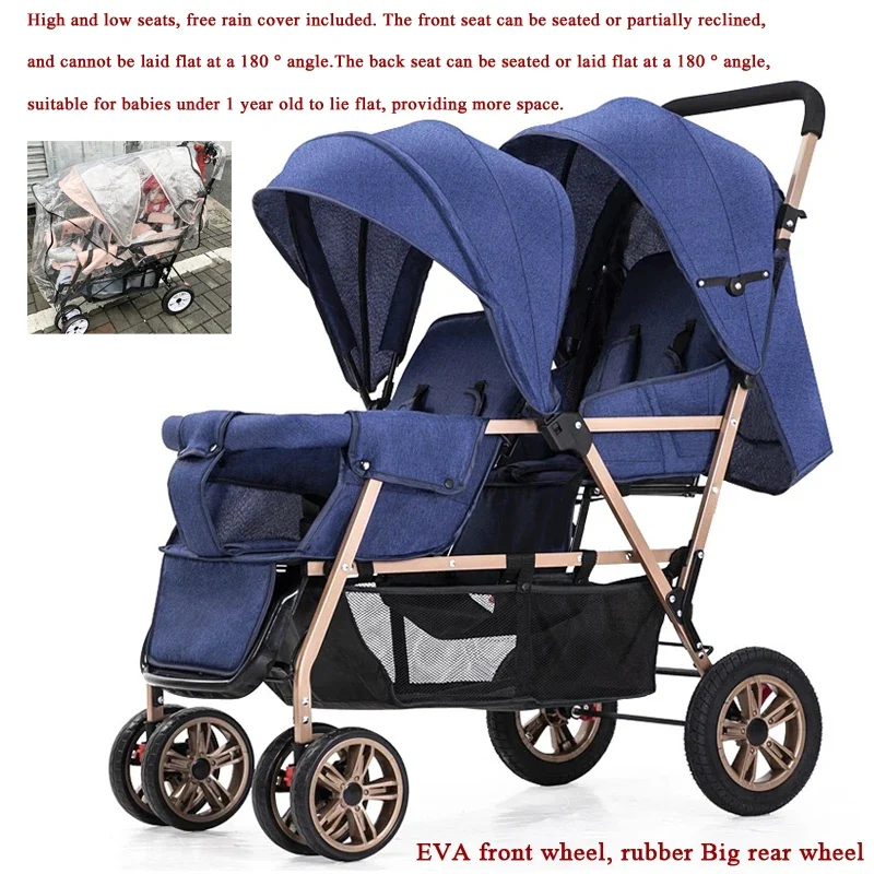 Duo Kinderwagen - Duo Buggy - Dubbele Buggy - Opvouwbare - Verstelbare Rugleuning - Regenhoes - 72 × 42 × 97 cm - Blauw Goud