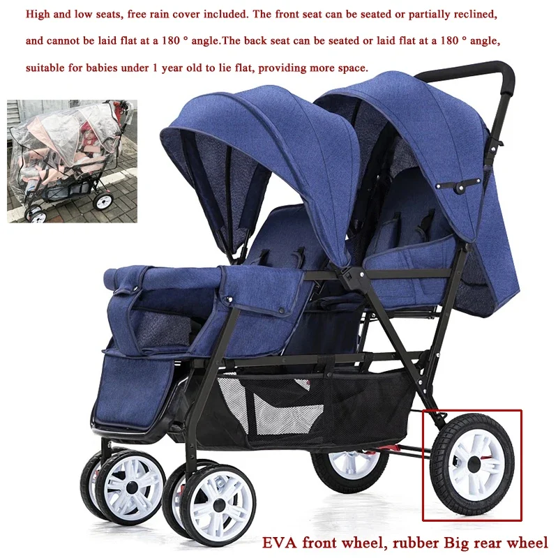 Duo Kinderwagen - Duo Buggy - Dubbele Buggy - Opvouwbare - Verstelbare Rugleuning - Regenhoes - 72 × 42 × 97 cm - Blauw