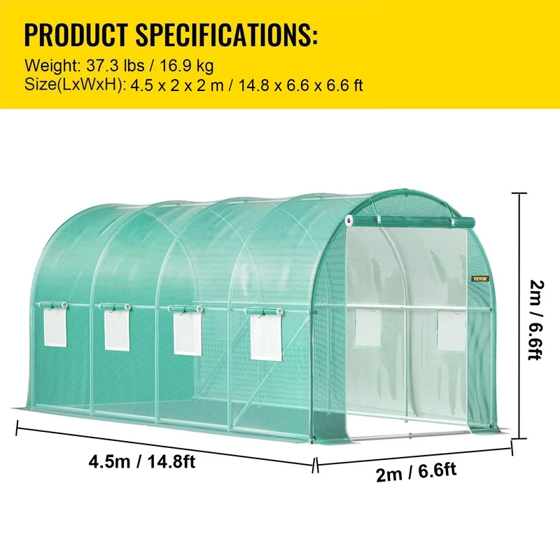 Tuinkas - Broeikas - Tunnelkas met PE Waterdichte Hoes - 15x7x7 ft - Gegalvaniseerd Staal - Groen - Draagbaar - Kas - Serre - Kweekkas - Foliekas - Groentekas - Tomatenkas