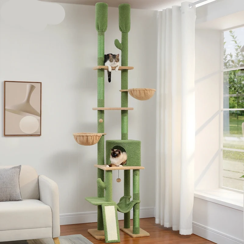 Kattenboom – Krabpaal - Katten Klimmuur - Kattenmeubel - met Hangmatten en Huisjes - Verstelbare Hoogte - 216-285cm - Sisal Krabpalen - Groen