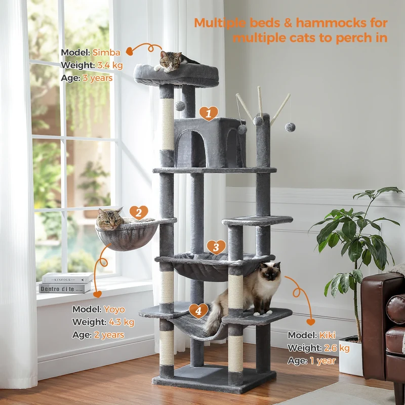 Kattenboom – Katten Klimmuur - Krabpaal - Kattenmeubel - met Hangmatten en Huisjes - 7-Laagse - 175cm - Sisal Krabpalen - Arbre a Chat - Donkergrijs
