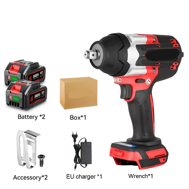 Slagmoersleutel - Slagmoermachine - Slagschroevendraaier - 1800Nm - 1/2 Inch - Krachtige - Brushless - met 2 Accu’s & EU Lader – Voor 21V/18V Batterijen - Rood