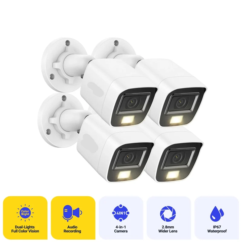 Beveiligingscamerasysteem - 5MP Camera - Openlucht - IP67 Waterdichte - Bullet Camera - Bewakingscamera - Beveiligingscamera - Met IR Cut Filter - 4 stuk - Wit