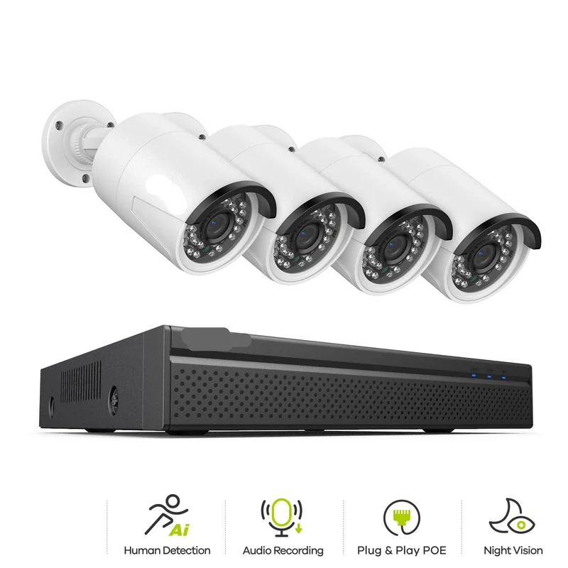 Beveiligingscamerasysteem - 3MP Camera - 8CH NVR - Menselijke - AI-detectie - POE - Buiten - Draadloos - IP66 Waterdichte - Bewakingscamera - Beveiligingscamera - Bedraad CCTV Systeem met Audio en Nachtzicht - 1TB Harde Schijf - 4 Stuks - Wit