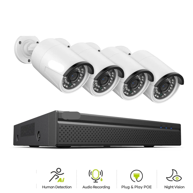 Beveiligingscamerasysteem - 3MP Camera - 8CH NVR - Menselijke - AI-detectie - Openlucht - Buiten - Draadloos - CCTV camerasysteem - IP66 Waterdichte - Bewakingscamera - Beveiligingscamera - Bedraad CCTV Systeem met Audio en Nachtzicht - 4 Stuks - Wit