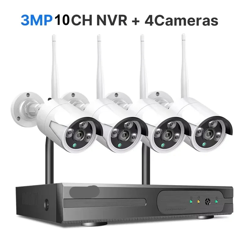 Beveiligingscamerasysteem - 3MP Camera - 10-Kanaals - Openlucht - Buiten - Draadloos - CCTV camerasysteem - IP66 Waterdichte - Bewakingscamera - Beveiligingscamera - 4 Wifi Camera Set - met IR Nachtzicht en 3TB Opslag - Wit