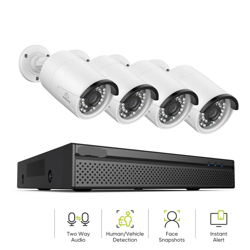 Beveiligingscamerasysteem - 8MP Camera - 8CH NVR - Menselijke - AI-detectie - POE - Openlucht- IP66 Waterdichte - Bewakingscamera - Ultra HD IP Camera’s - Beveiligingscamera - Ultra HD IP Camera’s met Audio en Nachtzicht - 2TB HDD - 4 Stuks - Wit