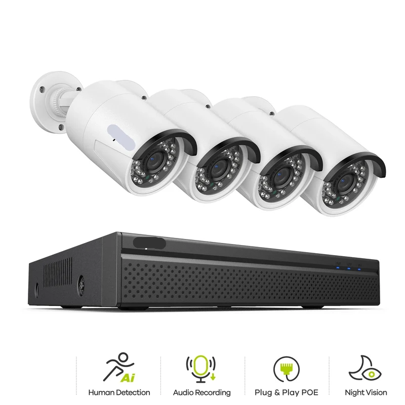 Beveiligingscamerasysteem - 3MP Camera - 8CH NVR - Menselijke - AI-detectie - POE - Buiten - Draadloos - IP66 Waterdichte - Bewakingscamera - Beveiligingscamera - Bedraad CCTV Systeem met Audio en Nachtzicht - 2TB Harde Schijf - 4 Stuks - Wit