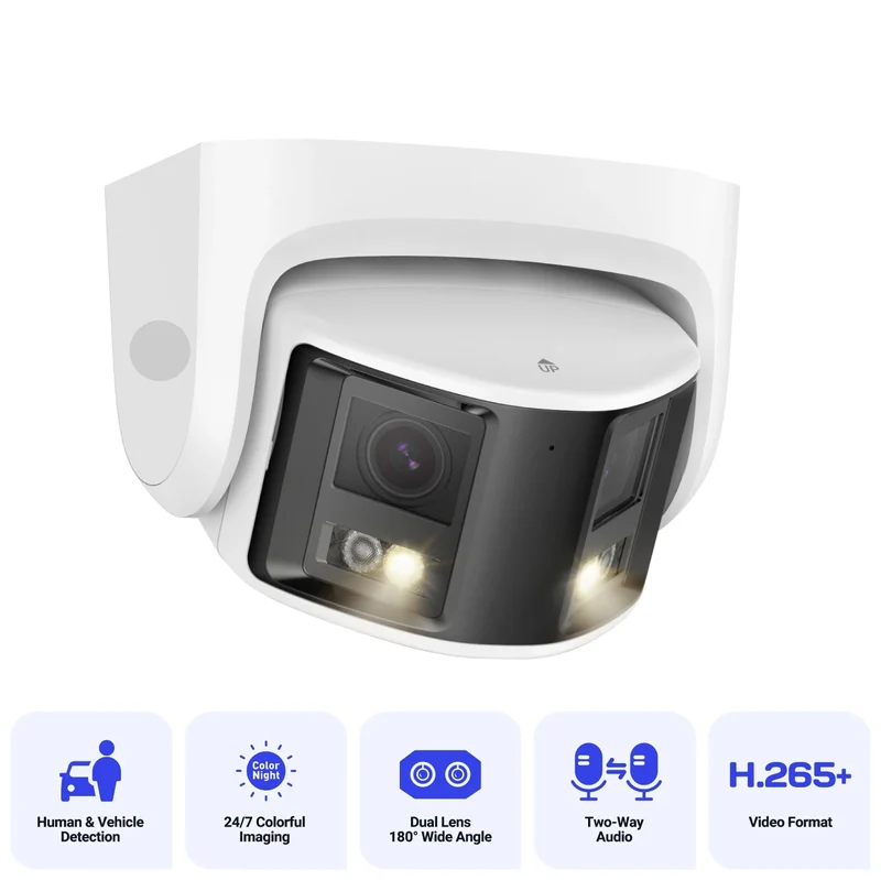 Beveiligingscamerasysteem - 8MP- Openlucht- Bewakingscamera - Beveiligingscamera - IP66 Waterdichte - POE technologie - met Dual Lens, IR Nachtzicht en Tweeweg Audio – Buitencamera voor Netwerktoezicht - 4K 180° Panoramische - Wit