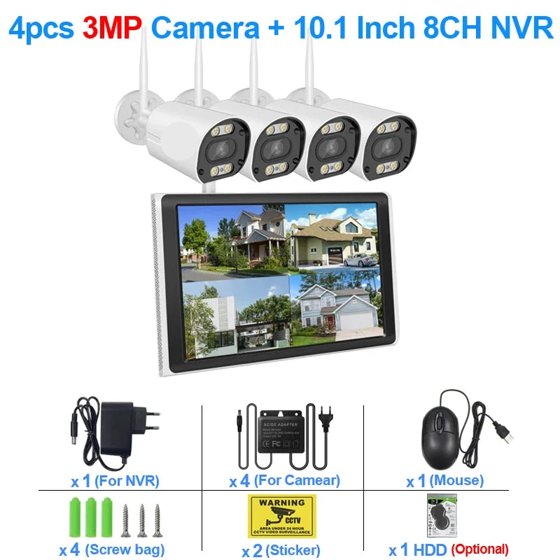 Beveiligingscamerasysteem - Draadloos - 3MP - 8CH NVR en 10.1” LCD - Openlucht- IP66 Waterdichte - Wifi - Bewakingscamera - Beveiligingscamera - Full Color Nachtzicht en Gezichtsdetectie - 1TB HDD - 4 Stuks - Wit
