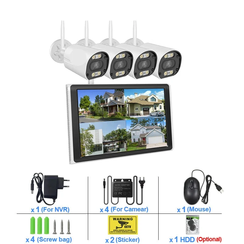 Beveiligingscamerasysteem - Draadloos - 3MP - 8CH NVR en 10.1” LCD - Openlucht- IP66 Waterdichte - Wifi - Bewakingscamera - Beveiligingscamera - Full Color Nachtzicht en Gezichtsdetectie - 500GB HDD - 4 Stuks - Wit
