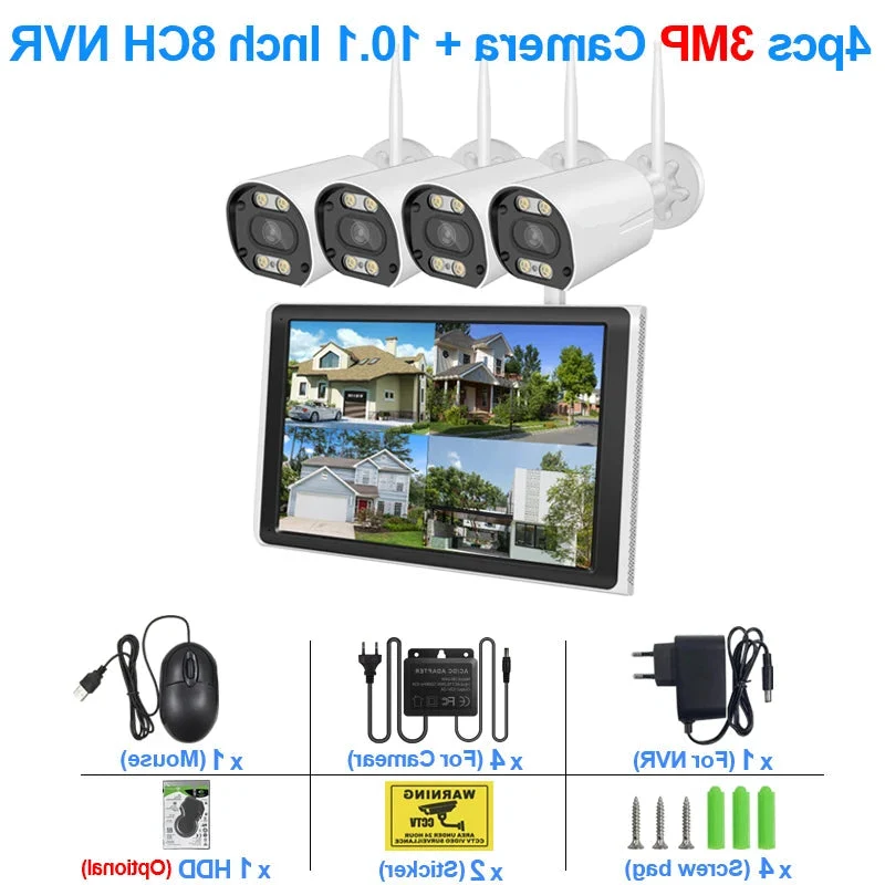 Beveiligingscamerasysteem - Draadloos - 3MP - 8CH NVR en 10.1” LCD - Openlucht- IP66 Waterdichte - Wifi - Bewakingscamera - Beveiligingscamera - Full Color Nachtzicht en Gezichtsdetectie - Zonder Harde Schijf - 4 Stuks - Wit