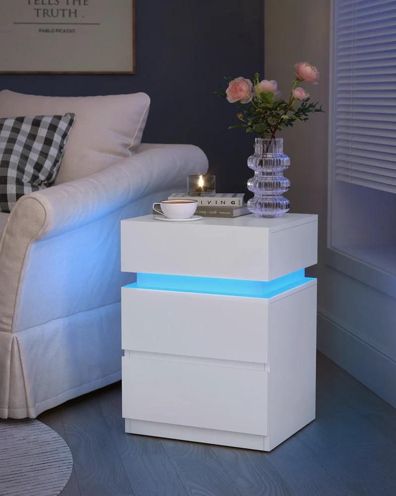 Nachtkastje - Bijzettafel - Salontafel - met LED Verlichting - Kast met 3 Lades - Moderne - Verstelbare Kleuren & Modus – voor Slaapkamer - Woonkamer - Kantoor - Wit