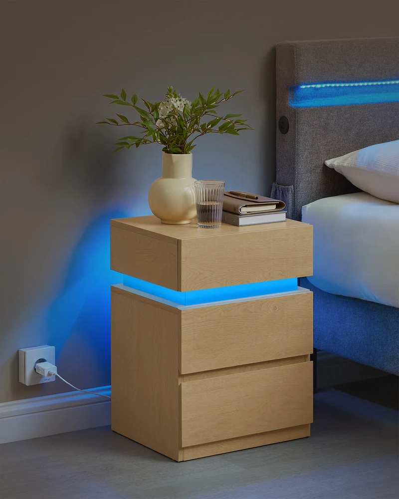 Nachtkastje - Bijzettafel - Salontafel - met LED Verlichting - Kast met 3 Lades - Moderne - Verstelbare Kleuren & Modus – voor Slaapkamer - Woonkamer - Kantoor - Khaki