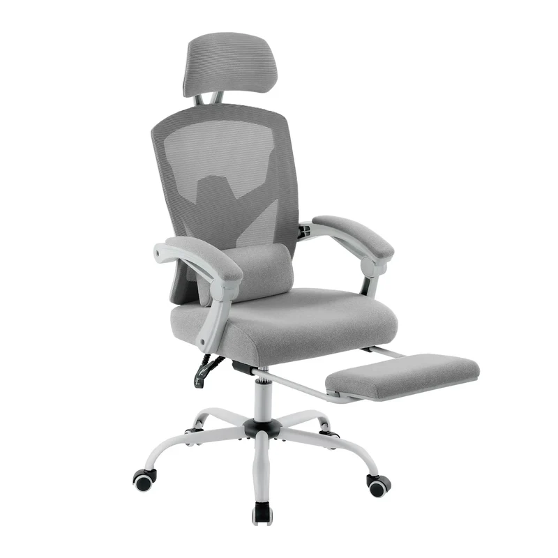 Ergonomische Bureaustoel - Stoelen - Gaming Stoel - Wipfunctie - Draaistoel - Verstelbare Hoofdsteun - Lendensteun - 125kg Draagkracht - Lichtgrijs
