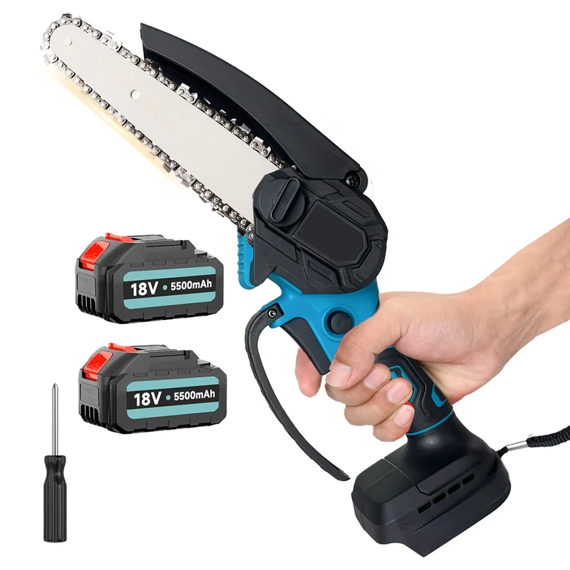 Mini Kettingzaag - Kettingzaag - Snoeizaag - Takkenzaag - Handzaag - Draadloze - 6 Inch - 450W - 3300RPM - 18V - Draagbaar en Veilig - 2 Accu