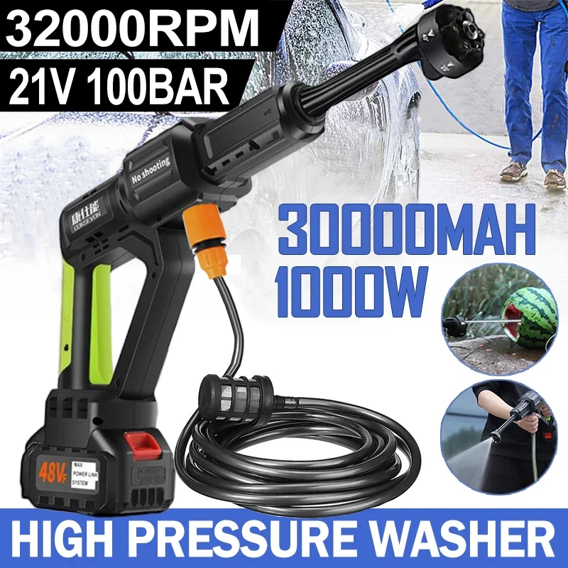 Hogedrukreiniger - Accu - Draadloze - 1000W - 100Bar - 30000mAh - Krachtige Waspistool - 6-in-1 Nozzle - Voor Auto en Thuisgebruik - Zonder Accu