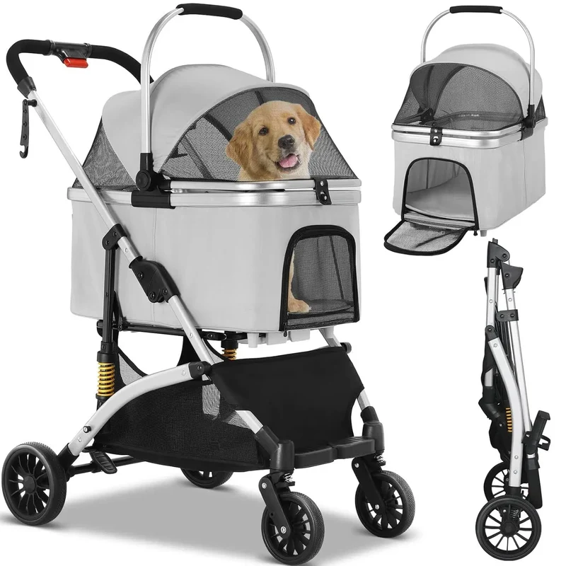 Hondenbuggy - Hondenwagen - Hondenkar - Hondenbuggy Inklapbare - 4-in-1 - Huisdierenbuggy - Afneembare Draagtas & Autostoel – Aluminium Frame – Honden- en Kattenwagen - Zilver en Grijs