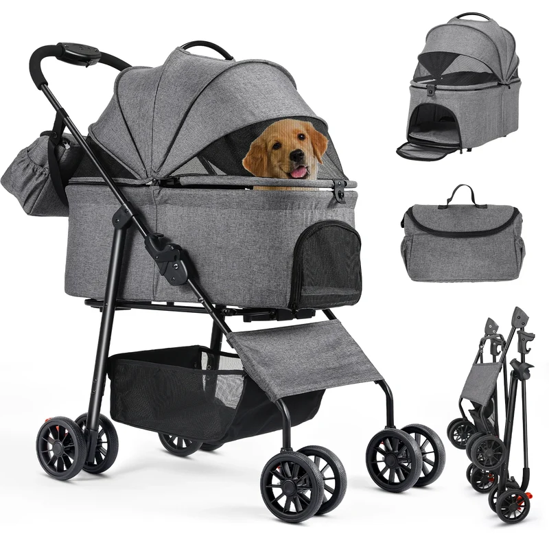 Hondenbuggy - 2-in-1 Wagen - Huisdieren - Vouwbare - Afneembare Reisdrager - en Autostoeltje - 360° Slijtvrije Rubberwielen - met Opbergmand - Gaasvensters - Drinkhouder - Voor Kleine Honden en Katten - Tot 40 kg - Gray
