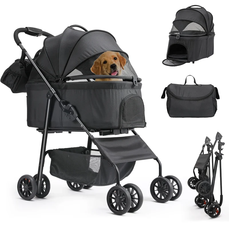 Hondenbuggy - 2-in-1 Wagen - Huisdieren - Vouwbare - Afneembare Reisdrager - en Autostoeltje - 360° Slijtvrije Rubberwielen - met Opbergmand - Gaasvensters - Drinkhouder - Voor Kleine Honden en Katten - Tot 40 kg - Zwart
