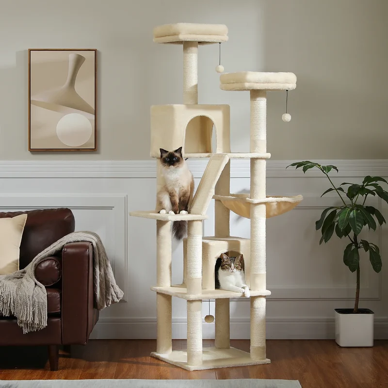 Kattenboom - voor Grote Binnenkatten – Krabpaal - Hoog Kattenmeubel - met Natuurlijke Sisal Krabpalen - Extra Grote Hangmat - 2 Kattenhuisjes - Meerdere Verdiepingen – Arbre a Chat - 180cm - Beige