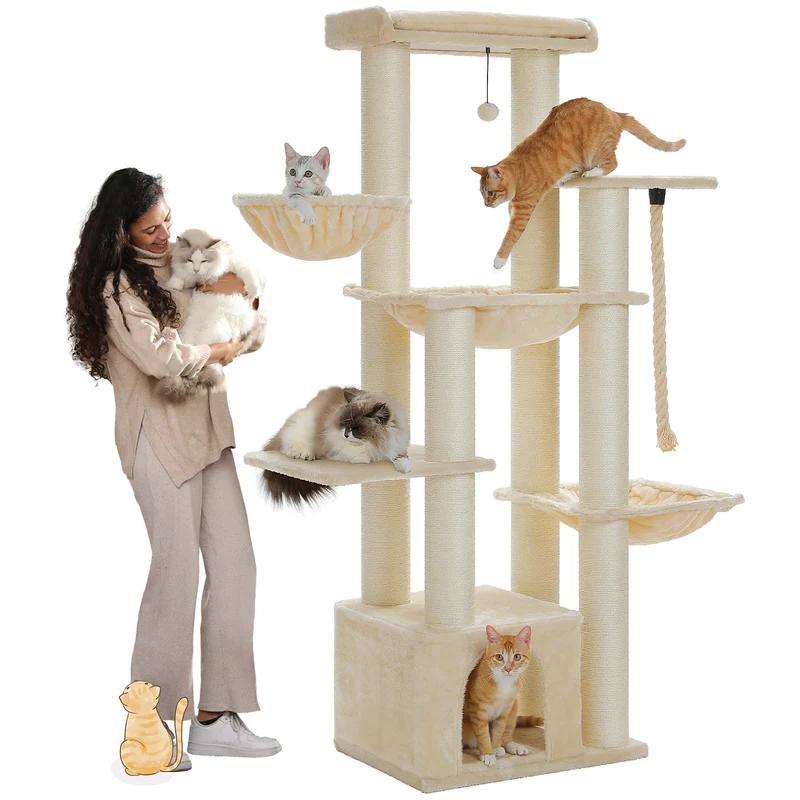 Krabpaal - Kattenkrabpaal - Krabton - Kattenboom - Krabpalen - Kattenhuis - met Meerdere Verdiepingen, Hangmat en 11 Sisalpalen - Ideaal voor Grote Katten - Beige